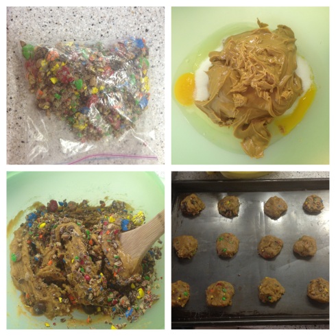 Crush up the M&Ms in a plastic bag.  Mix the peanut butter, sugar, and eggs together.  Add the crushed M&Ms.  Roll into small balls onto cookie sheet, and bake for 10 minutes!