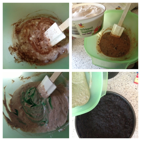 Top Left:  Add-in the crushed up Andes mints to the mixture.  Top Right: Add-in your whipped topping. Stir. Bottom Left: Add-in green food coloring. Stir. Bottom Right: Add filling to your pie crust and freeze for at least 4 hours.